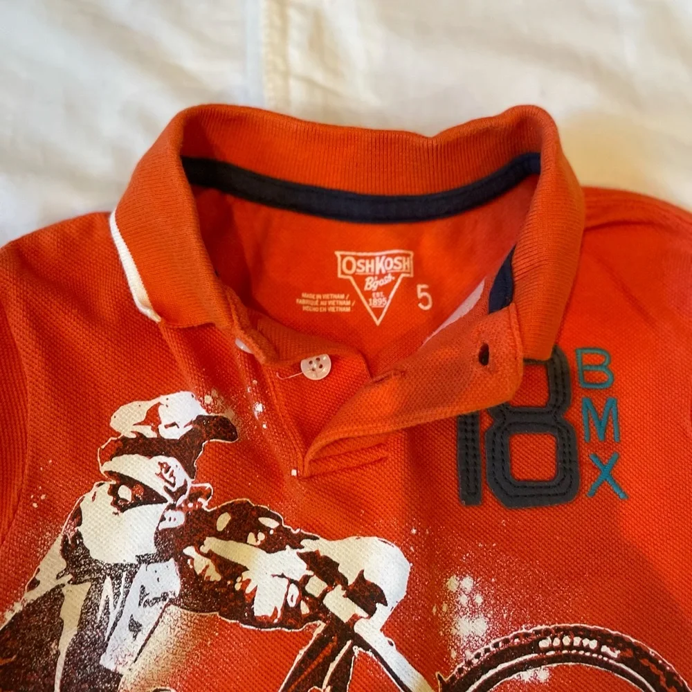 OshKosh B'gosh Boys Size 5 Orange BMX Graphic Polo Shirt Bike Rider Kids Top